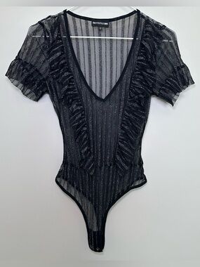 PrettyLittleThing Black Sheer Metallic Stripe Ruffle Mesh Bodysuit Goth Rave 8